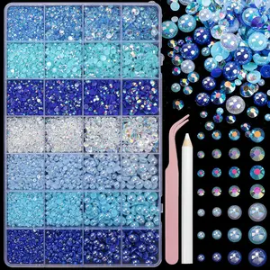22000 Blue Flatback Pearl and Rhinestone Set, Resin Rhinestones, Mixed Sizes Half Gemstones, DIY Crafts for Nails, Face, Eyes, Cosmetics, Shoes
