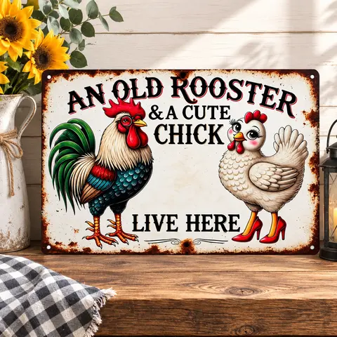Vintage Metal Chicken Coop Yard Sign - Old Rooster & Cartoon Baby Chick Animal Figures Design, 8x12 in Funny Wall Decor, Outdoor Home Decor Products, Home Plaques & Accessories