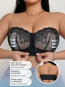 【Plus Size】 Women's Lace-Front Plunging Strapless Supportive Bra with Detachable Cups Smooth full-coverage design, comfortable lace push-up construction flatters curves. Essential plus size lingerie.