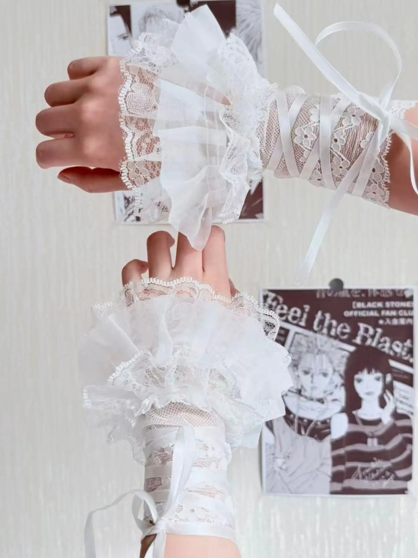 Women's Lace Bridal Wedding Short Fake Sleeves Gloves Set, Gothic Style Bow Design, Cosplay Street Dance Accessories