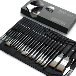Artist 24 Pieces Paint Brush Set, Enhanced Synthetic Brush Set with Cloth Roll and Palette Knife for Acrylic, Oil, Watercolor and Gouache (Black)