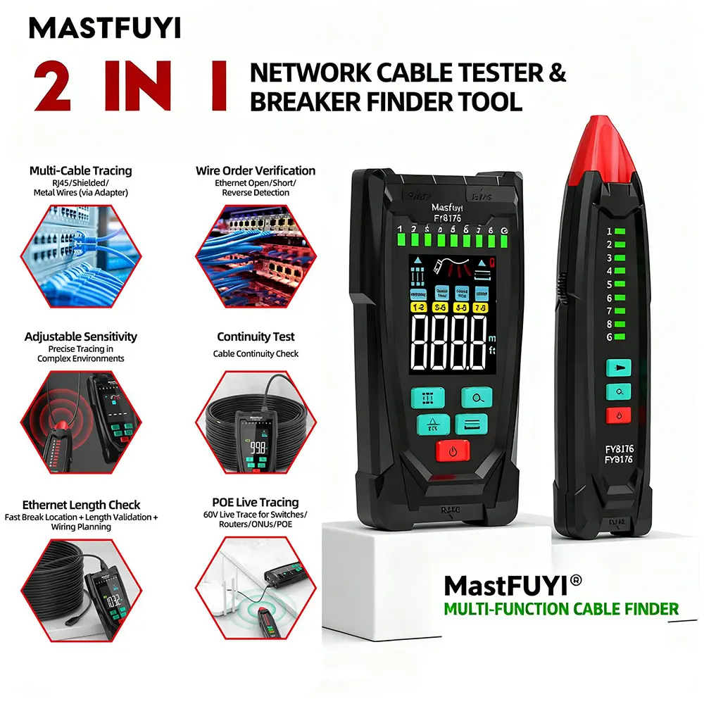 2-in-1 Network Cable Tester, Handheld Ethernet Wire Tracer with Flashlight & Audible Visual Alarm, Cable Length/Breakpoint/Wiring Test, PoE Live Detector for Network Technicians, Installers & IT Maintenance