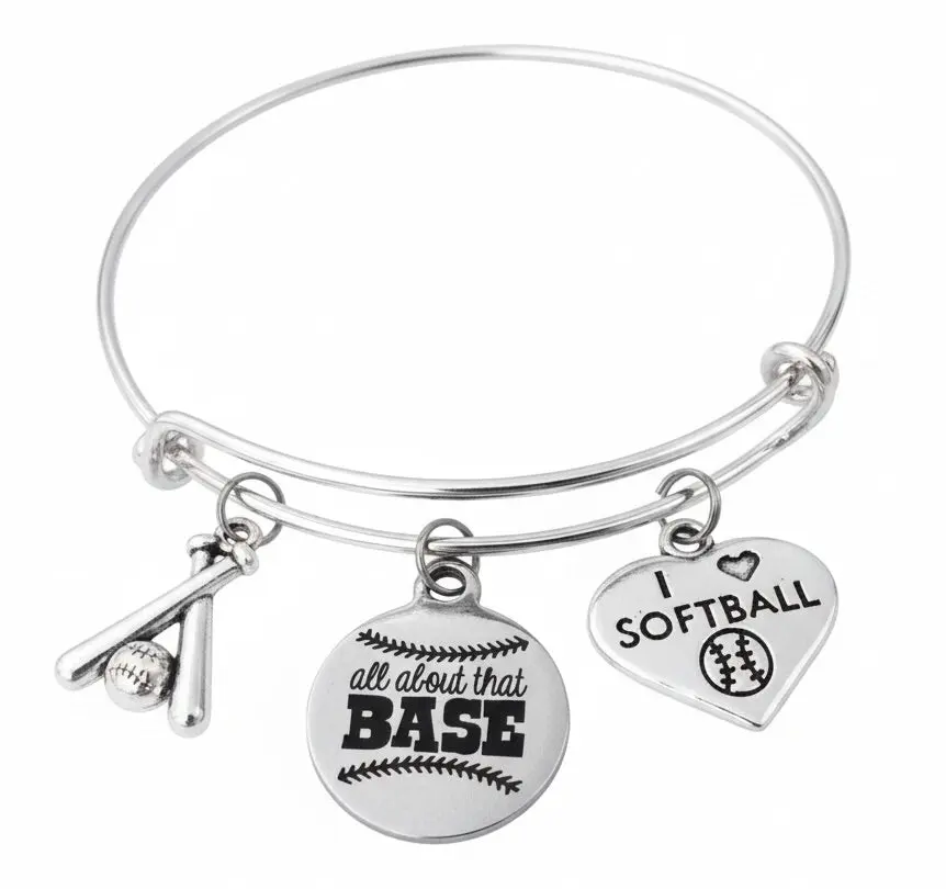 I Love Softball Charm Bracelet | All About That Base | Crossed Bats & Heart Silver Expandable Bangle