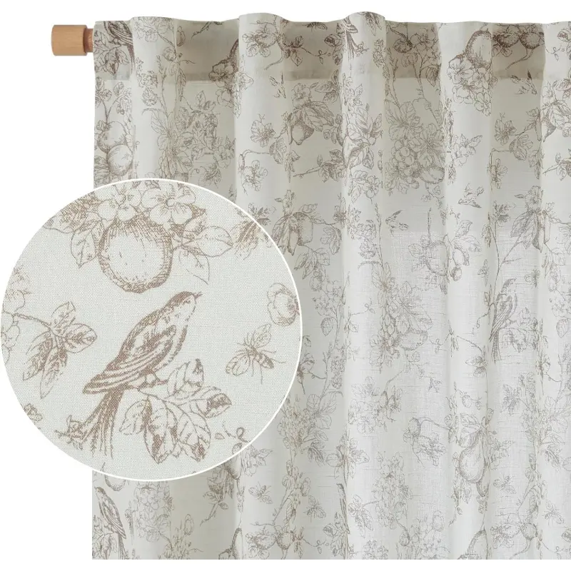 Taupe Linen 2-Panel Floral Toile Printed Curtain - 84in Length, Back Tab & Rod Pocket, Light Filtering, Modern Chic Minimalist Chic Living Room Decor Entryway Interior Decoration Accessories