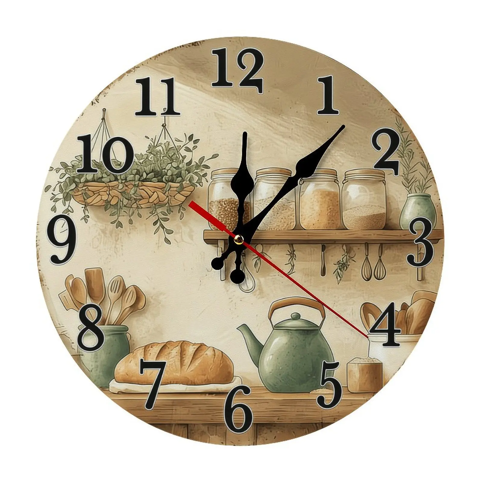 Vintage Retro-Inspired Round Wooden Print Analog Wall Clock - 10/12 in, Hanging Home Supplies with Screw & Hook, Cozy Cottage Kitchen Coffee Bar Decor, Battery Not Included, Kitchen Decor