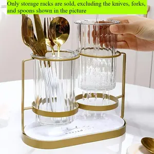 2-Tier Cutlery Holder Organizer -Metal Frame + PET Transparent Canisters | Kitchen Countertop Utensil Storage for Forks Spoons Knives | Modern Luxury Style