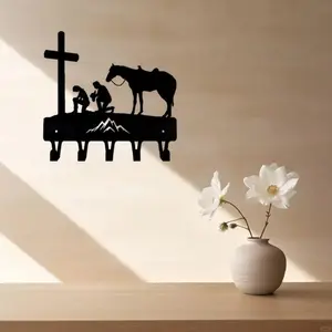 Cowboy & Cowgirl at the Cross Key Hanger, Wall Mounted Iron Craft Pendant Wall Art with Hooks for Keys and Decor, Rustic Western Style Home Decor for Entryway, Living Room, Or Cabin, Shelves, Key Holder