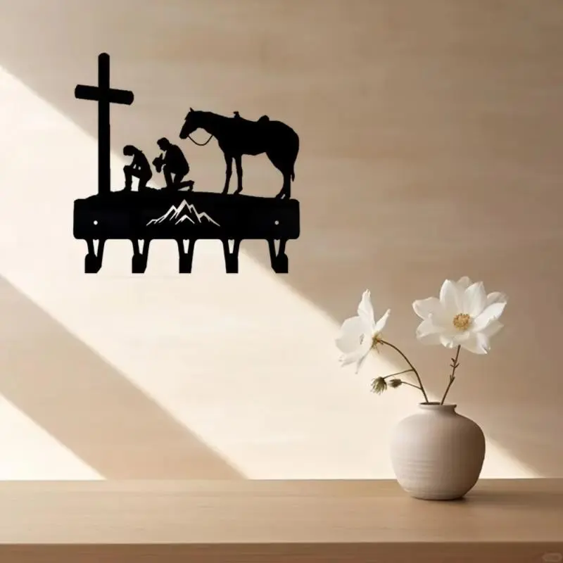 Cowboy & Cowgirl at the Cross Key Hanger, Wall Mounted Iron Craft Pendant Wall Art with Hooks for Keys and Decor, Rustic Western Style Home Decor for Entryway, Living Room, Or Cabin, Shelves, Key Holder, Decorative Key Hook
