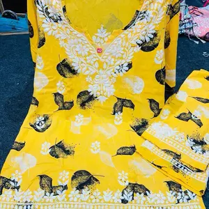 Rayon fabric 3pcs Co-Ord Sets with Intricate Hand Embroidery - Print Lucknow Chikankari Handwork, 38-40-42-44, Elegant Design for Women - Casual,