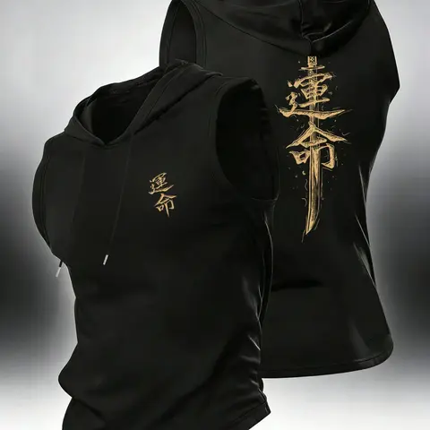Japanese Katana "Unmei" Sleeveless Hooded Tank Top, Workout Apparel, Workout Style Fashion, Gymwear Tanks, Samurai Destiny Cultural Aesthetic Streetwear, Gold Foil Ink Art Muscle Shirt