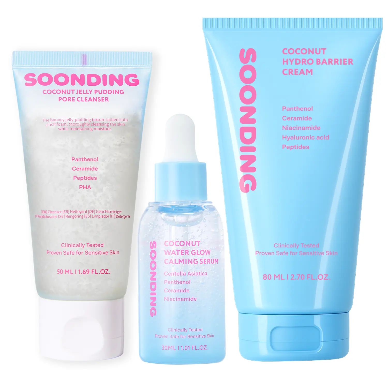 [SOONDING] K-Beauty Glass Skin Trio - Jelly Pudding Pore Cleanser 50ml, Calming Serum, Barrier Cream