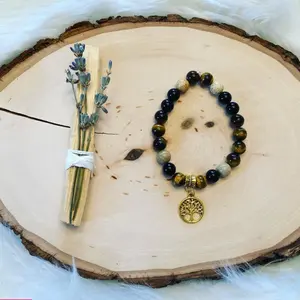 Tree of Life Bracelet Gift Set Tiger's Eye with Lava Stones for Essential Oils, Palo Santo Stick & Lavender Bundle