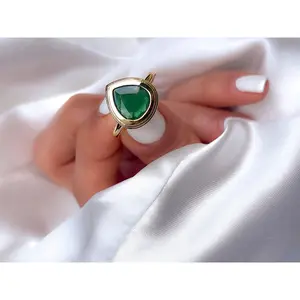 Natural Pear Shaped Colombian Emerald Bezel Setting Solitaire Ring in 14k Solid Gold