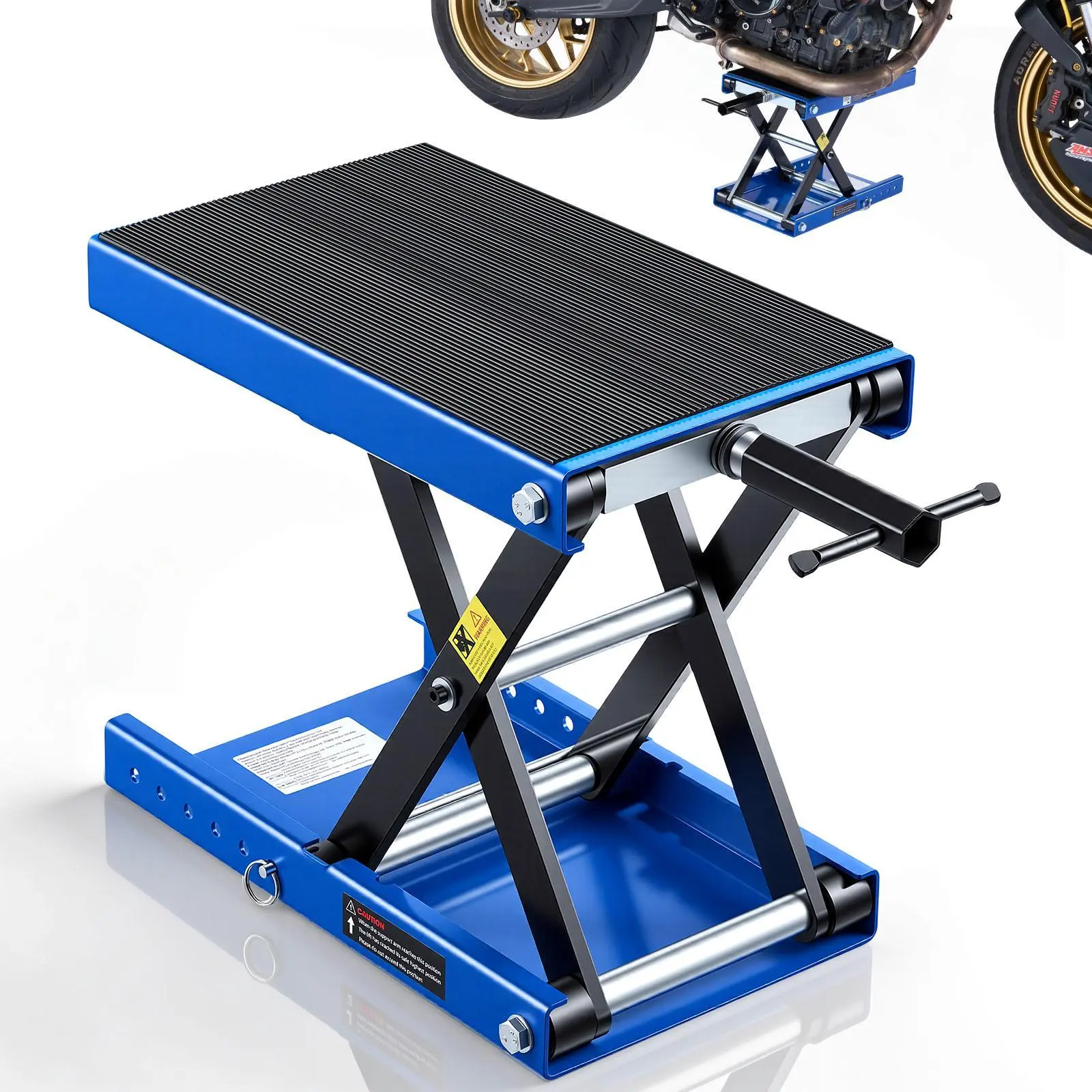 【BackToSchool】VEVOR 1100lb Steel Frame Motorcycle Scissor Lift Jack, Foldable Base for Compact Storage, Height Adjustable 3.74"-13.38" in, 14.56" Steady Deck, Lock Pin & Crank Handle Stand, Even Weight Distribution for Cruisers, Street Bikes, Adjustable H