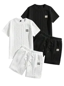 Men’s 2-Piece Casual Menswear Set - Textured Crew-Neck T-Shirt, Drawstring Shorts, Sporty Stylish Clothes, Comfortable Breathable Logo Sportswear for Summer Outdoor Activities