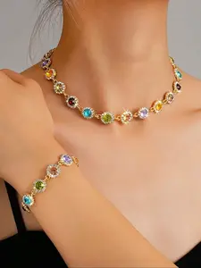 Bohemian Colorful Rhinestone Faux Crystal Bracelet Necklace Set, Elegant Sparkling Jewelry for Women and Girls, Perfect Gift for Holidays