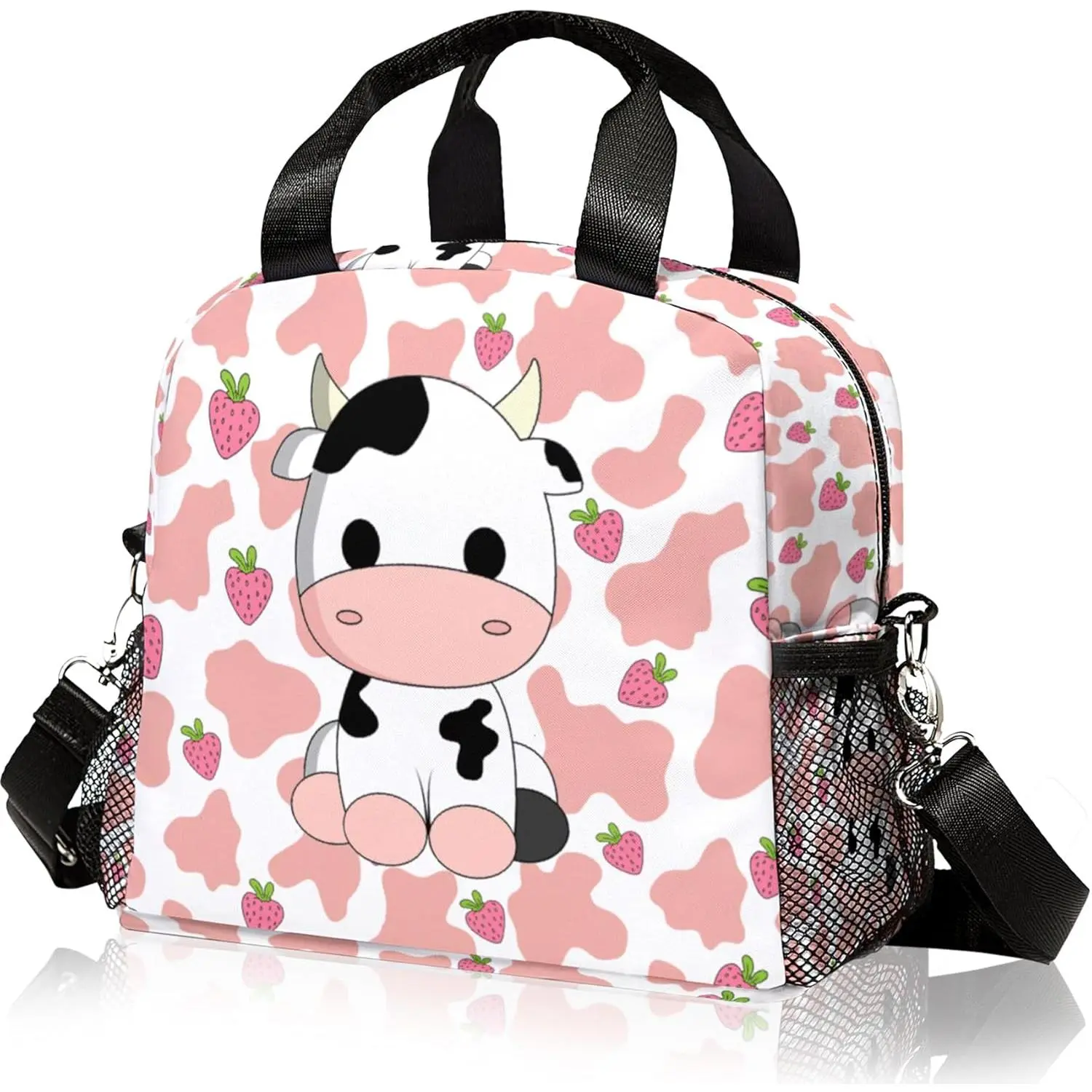 F-LBK05  Lunch Bag for Kids, Pink Lunch Bags Insulated Cow Lunch Box With Adjustable Shoulder for Girls Women,Small Reusable Lunch Bags for Work School