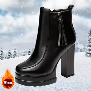[High Heel Ankle Boots] High Quality Black Elegant Women's Block Heel Ankle Boots | Winter Platform High Heels with Side Zipper, Square Toe & Faux Cover Upper, Perfect for Dressy Occasions Walking Shoes Footwear