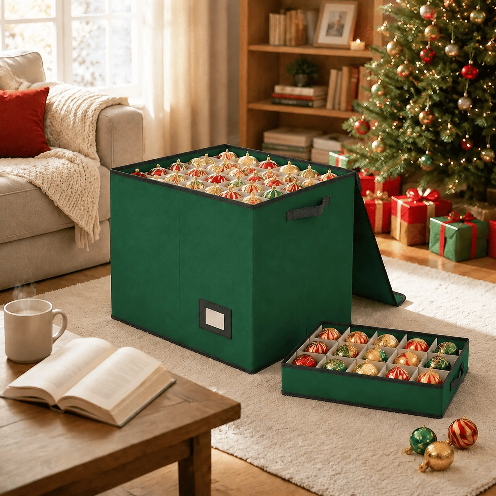 Littleox Large Christmas Ornament Storage Box, Holds 144pcs 3 Inch Xmas Baubles with 8 Removable Separate Trays, Heavy Duty Holiday Decoration Organizer Container, Red/Green