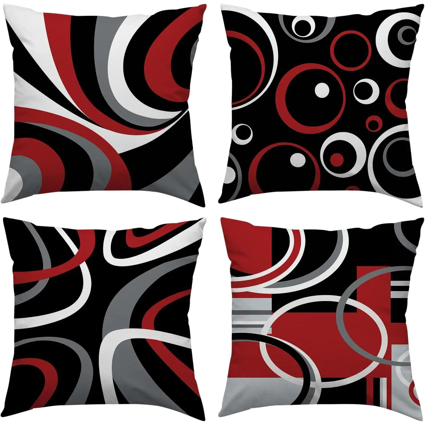 Black and Red Synthetic Patterned Accent Pillow Covers 18x18 in, Set of 4 Modern Abstract Gray Geometric Circle Multi-Pillow Cushion Covers for Sofa, Living Room, Outdoor Decor