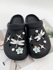 12pcs Silver Color Rhinestone Dragonfly Flower Star Abs Pearl DIY Bling Shoe Charms, Detachable Shoe Decorations for Sandals Slippers Garden Shoes