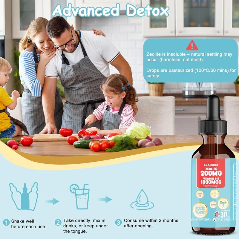 Elabora 60ML Zeolite Drops for Kids and Adults, Organic Chlorella, 200mg Zeolite Liquid Drops with 1000mcg Vitamin B12,10 Billion CFU & Prebiotics for Gut Support & Speech, Immune, Bone, Strawberry