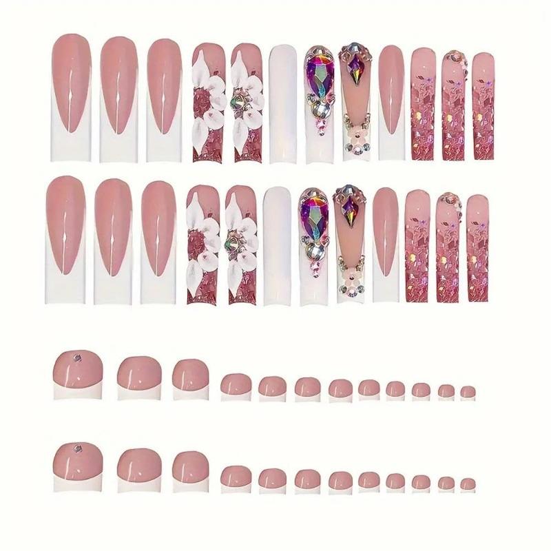 White French Tips Press on Toenails Colorful Gem Press on Nails Long Square False Nails with Flower Charm Design Pearl Fake Toenails Glossy Spring Summer Fake Nails for Women Girls Manicure 48Pcs