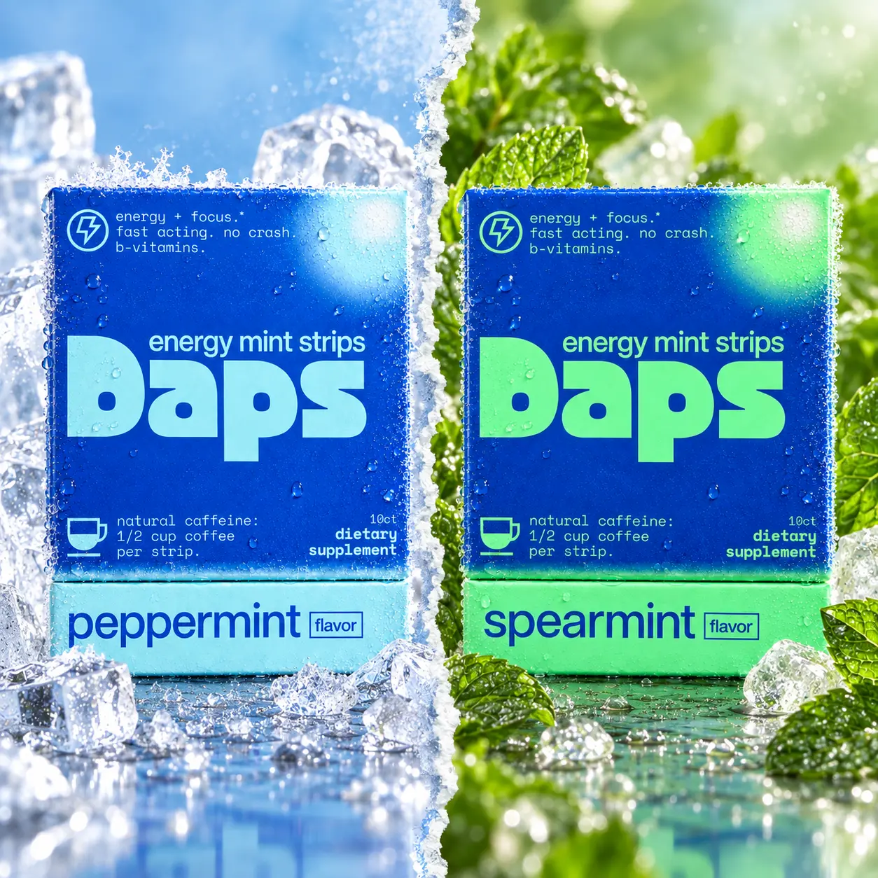 Daps Energy Mint Strips - Pocket-Sized Compact Caffeinated Melt-On-Tongue Strips, 45mg Natural Green Tea Caffeine + B Vitamins, Sugar Free Energy Booster, No Liquid/No Crash/No Coffee Breath, Fresh Breath Supplement, Peppermint & Spearmint