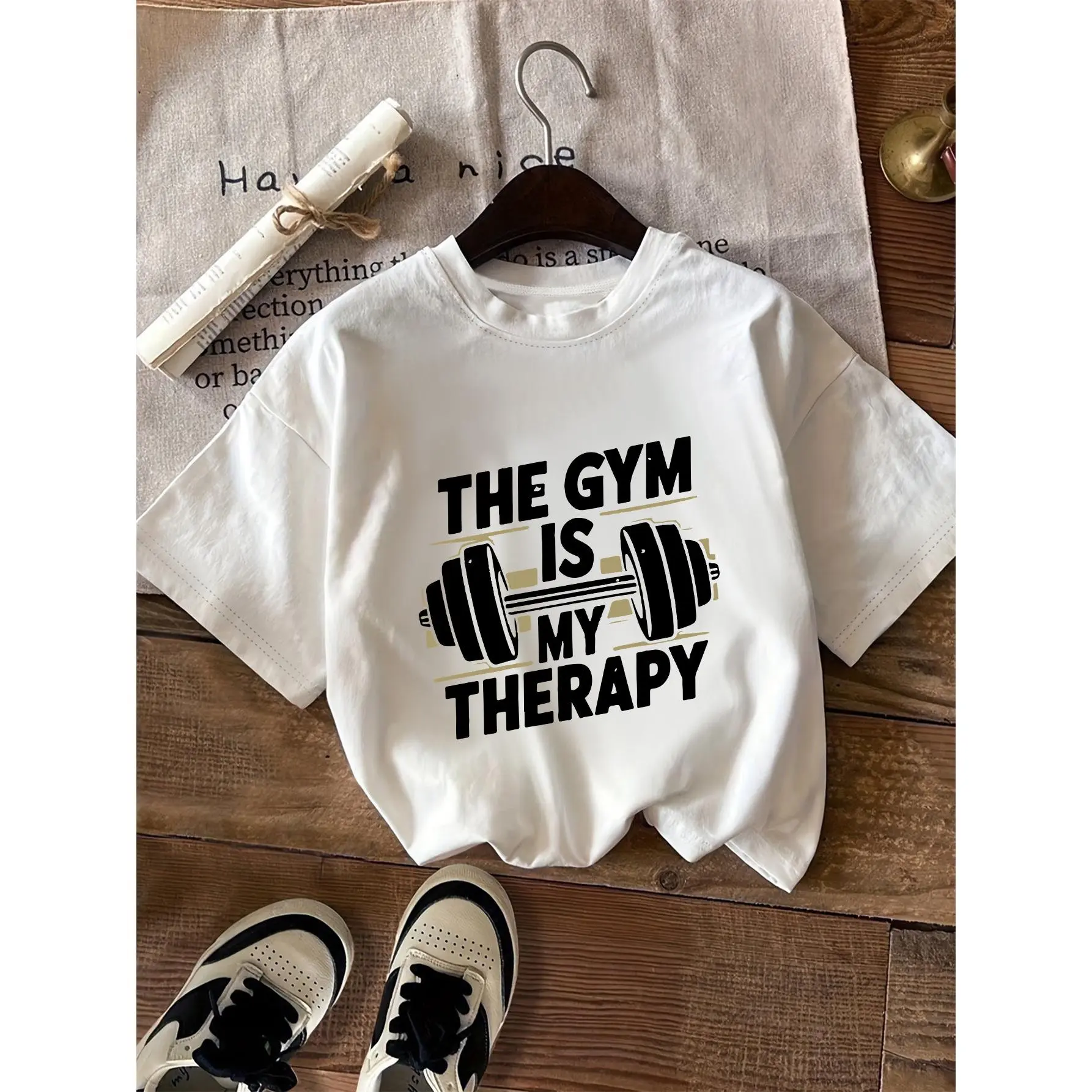 Men's Barbell Graphic T-Shirt - Casual Sport Cotton Tee with Digital Print for Gym, Lightweight Short Sleeve Top, Basic, Barbell Print, Round Neck, Fitted, Outdoors, Preppy, Unisex, Stretch, Classic, Menswear, Fitted Cut, Fashion, Shortsleeve