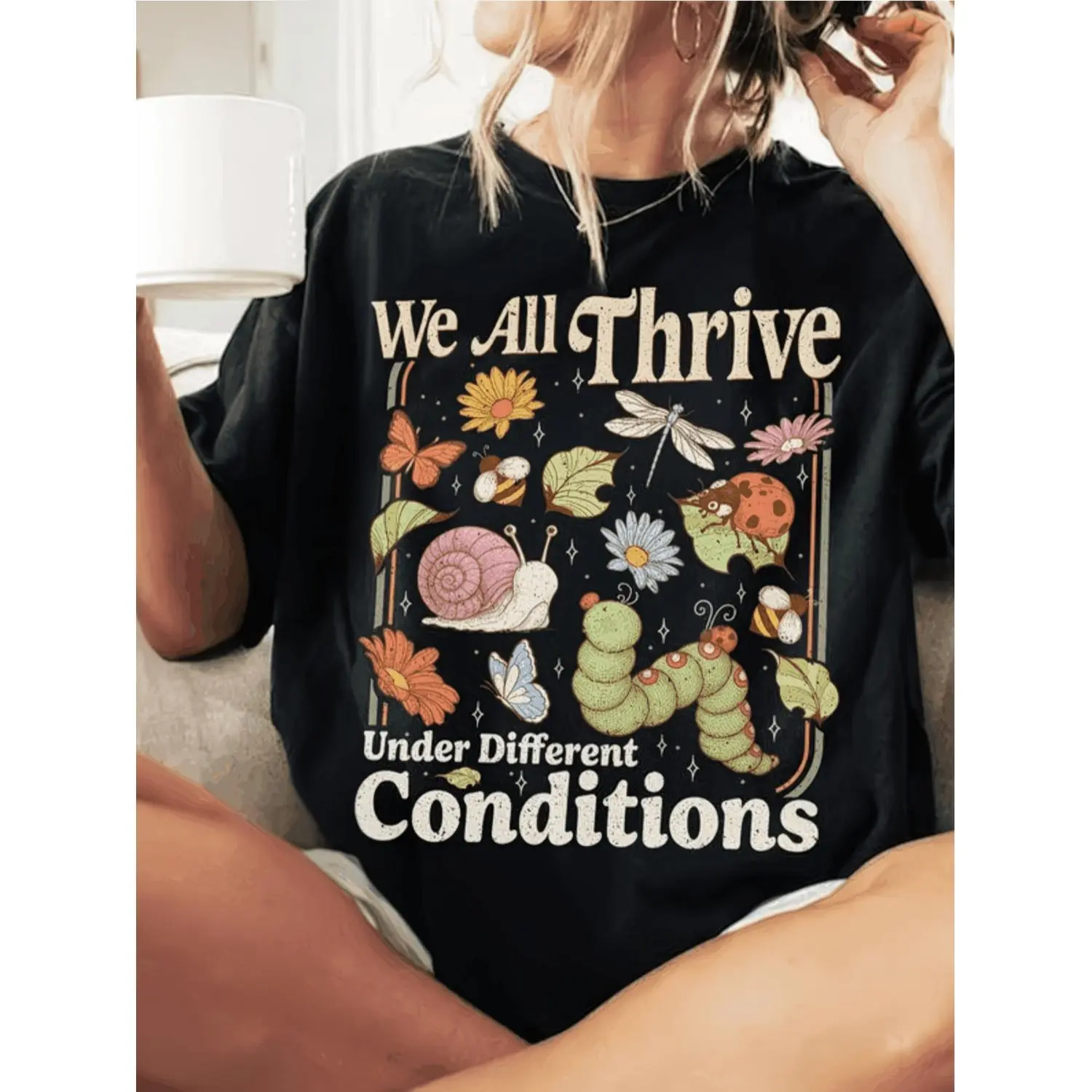 Women's T-shirt with 'We Thrive' Neurodiversity Graphic, Casual Crew Neck Streetwear Top, Slim-fit Short Sleeve Soft Cotton for All Seasons, Round Neck, Breathable, Machine Wash, Normal Type
