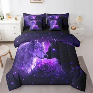 Wild Wolf Kids Comforter Set,7 Pieces,Wolf Couple Animal Love Theme Reversible Quilt Set,Romantic Rose Floral Purple Galaxy Bedding Set with Comforter,Sheet,Pillowcase