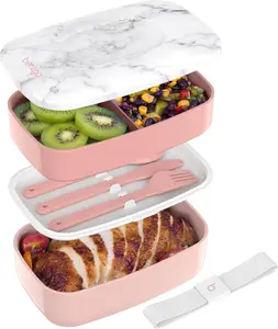 Bentgo Classic Adult Bento Box Stackable 3-Compartment Lunch Box with Removable Utensil Set & Sealing Strap BPA-Free Food Container for Meal Prep Work On the Go Blush Marble Reusable