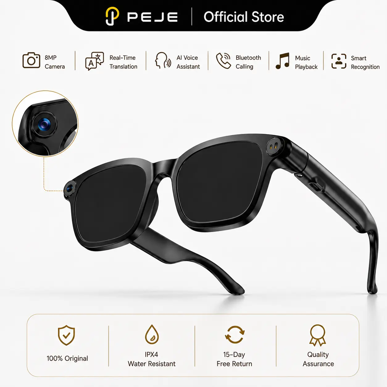 PEJE AI Smart Wearable Glasses M08-8MP Camera Sunglasses with Photo/Video Recording, Simultaneous Conversation Interpretation, Voice Recording, AI Voice Assistant, Bluetooth Calling, Smart Touch/Music Controls, Ideal for Travel, Work/sport/Audio