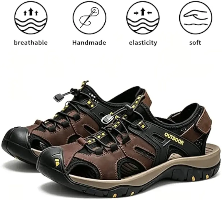 Men's Hiking Sandals Closed Toe Leather Sandals Walking Sport Sandals