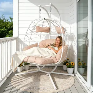 [Fahuac] 2 Person Hanging Egg Chair with Stand - 600LB Capacity, Adjustable Footrest, PE Rattan, for Patio Garden.