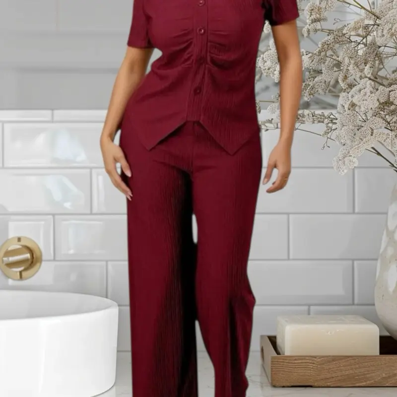 2 pcs Set Top and Pants in Rich Maroon Color with Button Front Design for Elegant Everyday Wear Womenswear