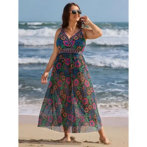BloomChic Two-Piece Sarong Floral Print One-Piece Swimsuit 【M-6XL】