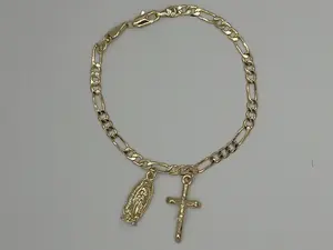 Gold Plated Figaro Bracelet paired with Virgen de Guadalupe and Cross - Unisex Bangle Jewelry