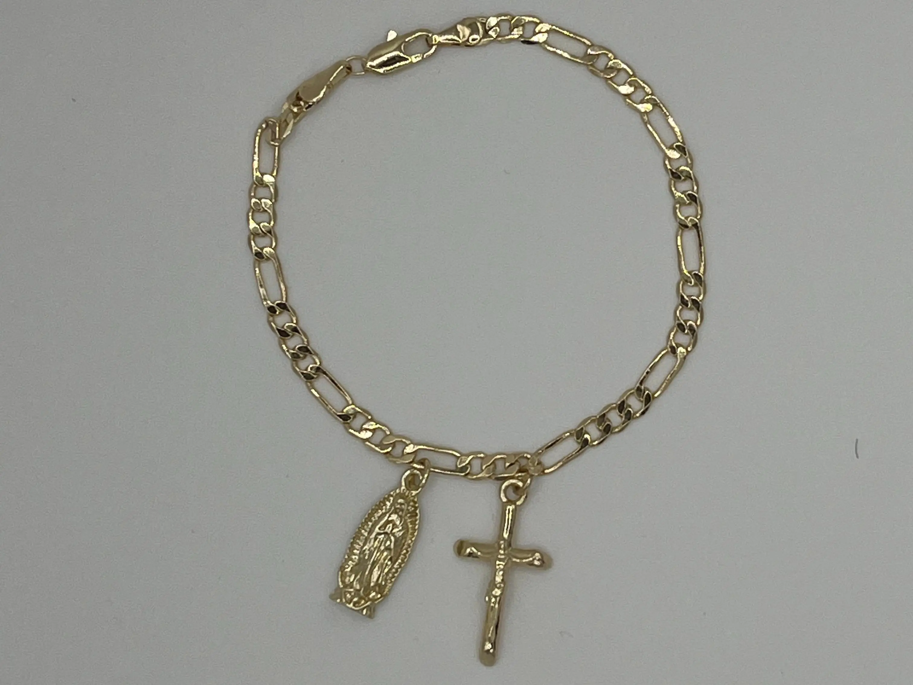 Gold Plated Figaro Bracelet paired with Virgen de Guadalupe and Cross - Unisex Bangle Jewelry