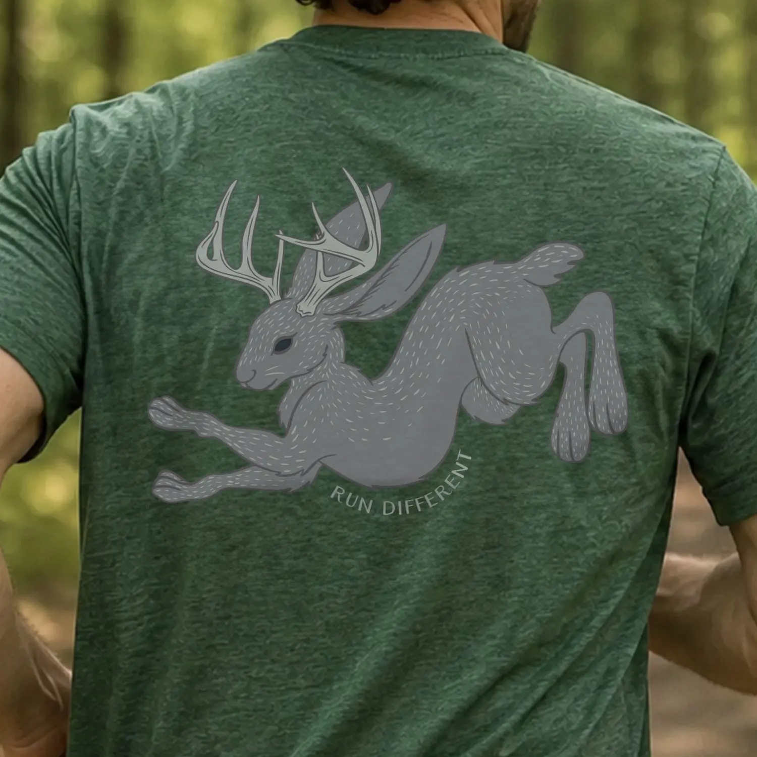 Men's Breathable Running Short Sleeve T-Shirt - 'Run Different' Slogan, Graphic of Jackalope Back Design, Ideal for Race Days, Phrase 'Run Different'