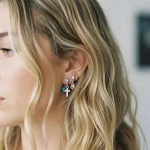 Colorful CZ Cross Earrings Gold Plated Dangle Studs for Women Multi Piercing Jewelry Set 5 Colors Blue Pink Orange Purple Yellow Cubic Zirconia Stones Exquisite Design