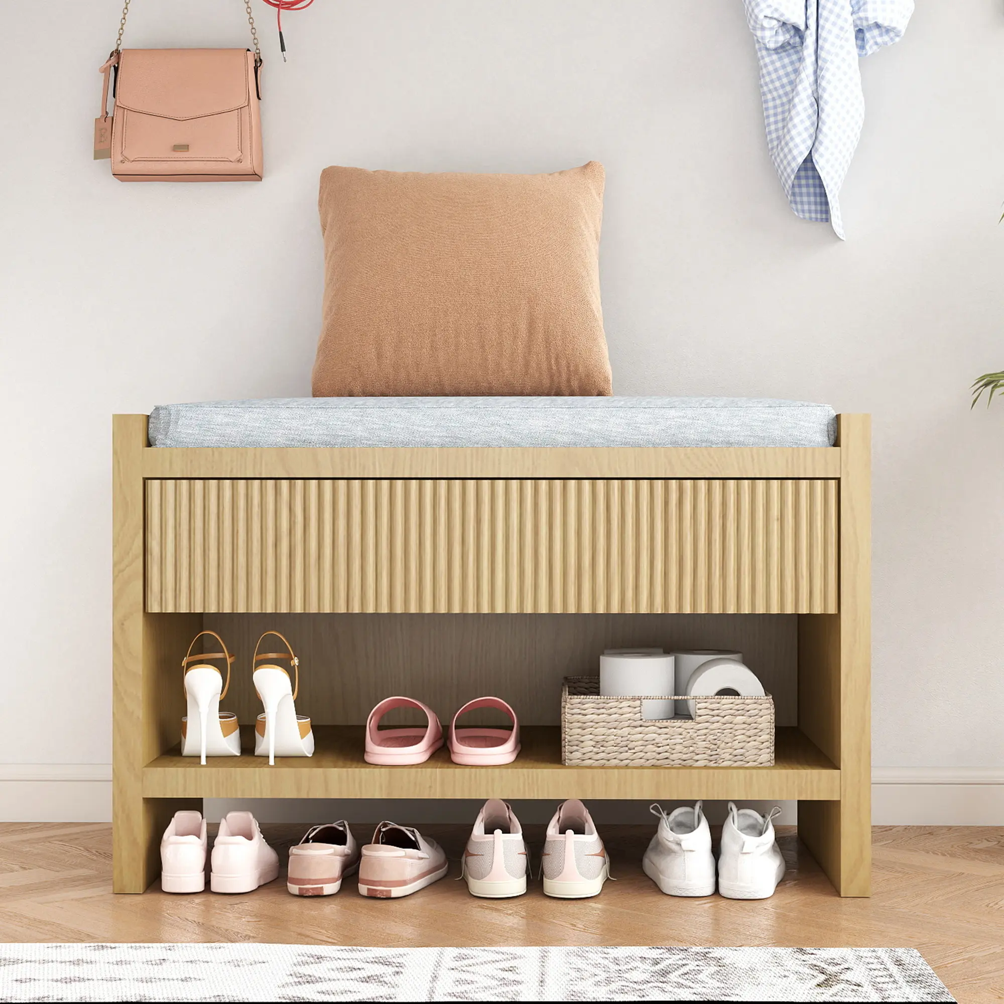 ZXVOIM Shoe Bench for Entryway, Farmhouse Storage Shoe Bench with Shelf and Cushion, Ottoman Storage Bench, Compact Storage Bench for Bedroom, Living Room, Save Space