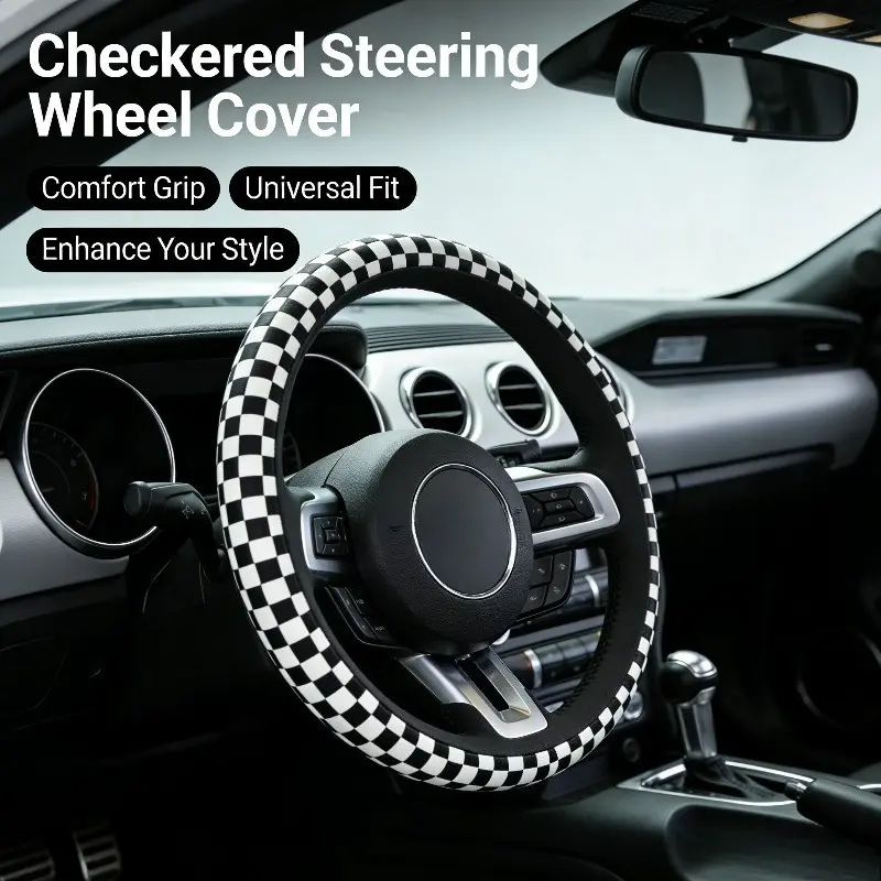 Trendy Chessboard Car Steering Wheel Cover, Vehicle, Car Accessories, All-Season Anti-Slip Breathable Grip, Stylish High-Quality Unisex Interior Decoration