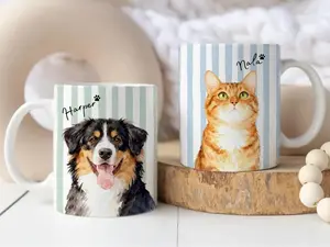 Custom Pet Mug from Photo + Name – Personalized Striped Dog & Cat Photo Coffee Cup, Custom Pet Mug, Dog Mom Gift, Cat Dad Mug, New Dog Gift - scs16869  Ceramic Classic Drinkware Stylish Coffee