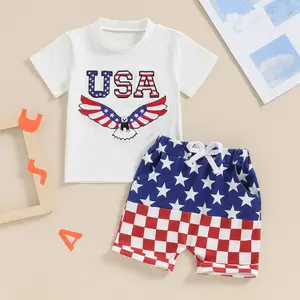 Afunbaby Kids Baby Boys 4th of July Outfits Set Short Sleeve Eagle Embroidery Tops T shirt Print Shorts Set Toddler Boy Summer Clothes Set