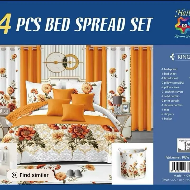 King 24 Pieces Bedspread Set with Floral Design, 100% Cotton, Includes 1 Bedspread, 1 Fitted Sheet, 2 Pillow Cases, 2 Cushion Covers, 2 Solid Curtains, 2 Point Curtains, 1 Mat, 1 Shower Curtain, 1 Basket