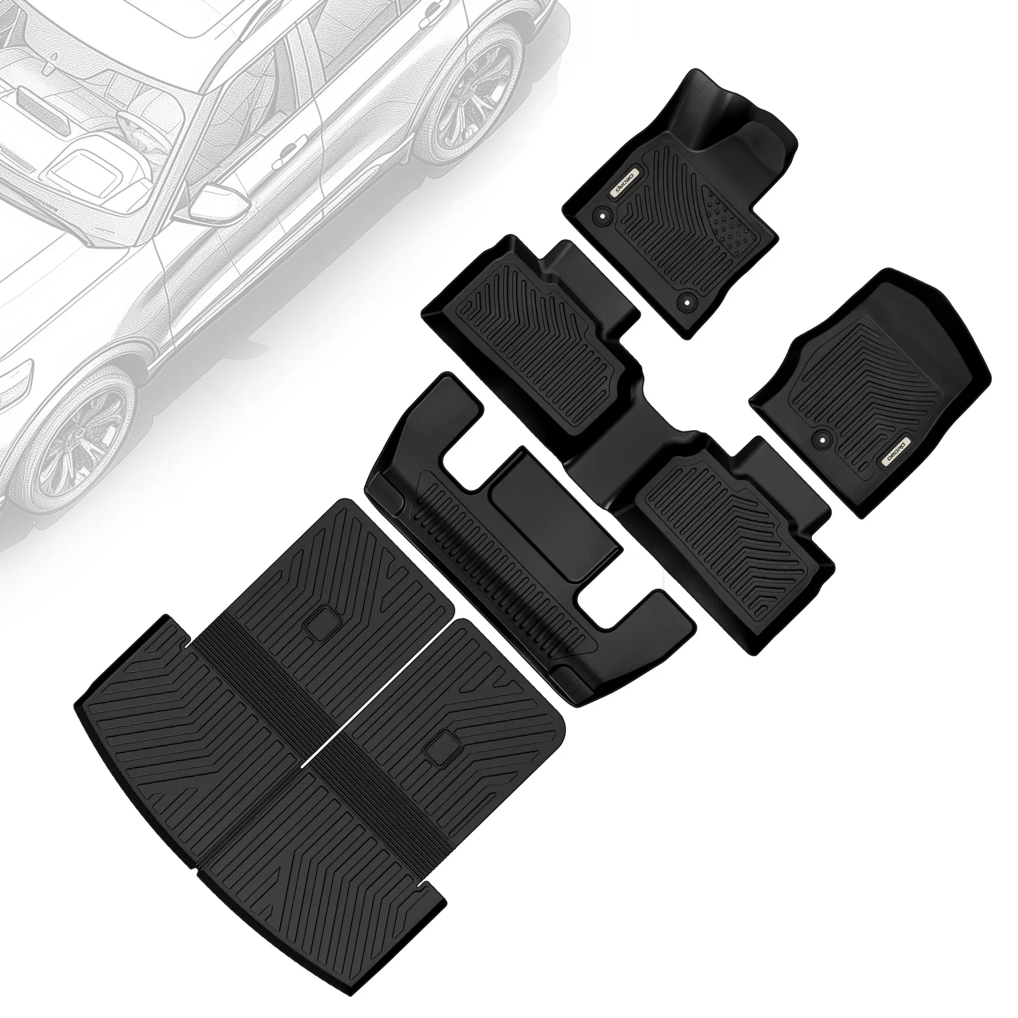 OEDRO TPE Floor Mats fits 2020-2024 Ford Explorer 6 & 7 Passenger, 1st, 2nd, 3rd Row & Trunk Mat & Seat Back Mat, All Weather, Waterproof