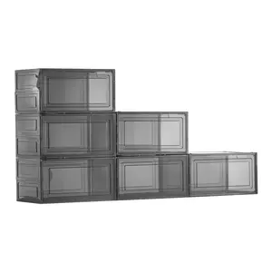 Six Pack Stackable Shoe Storage Boxes For US Size 13 Shoes Transparent Black Clear Plastic Organizer Bins With Lids Space Saving Durable Closet Storage Solution For Sneakers Boots And Casual Footwear Great For Dorms And Apartments