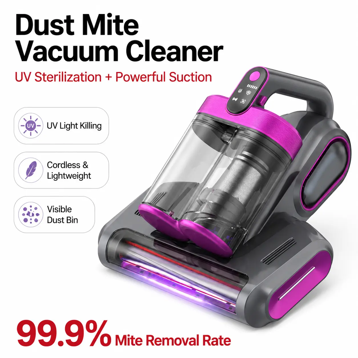 Cordless UV-C Mattress Vacuum Cleaner Bed Vacuum Sanitizing Dust Mite Removal Rotation Ultrasonic Tech Double-Cup Portable Handheld