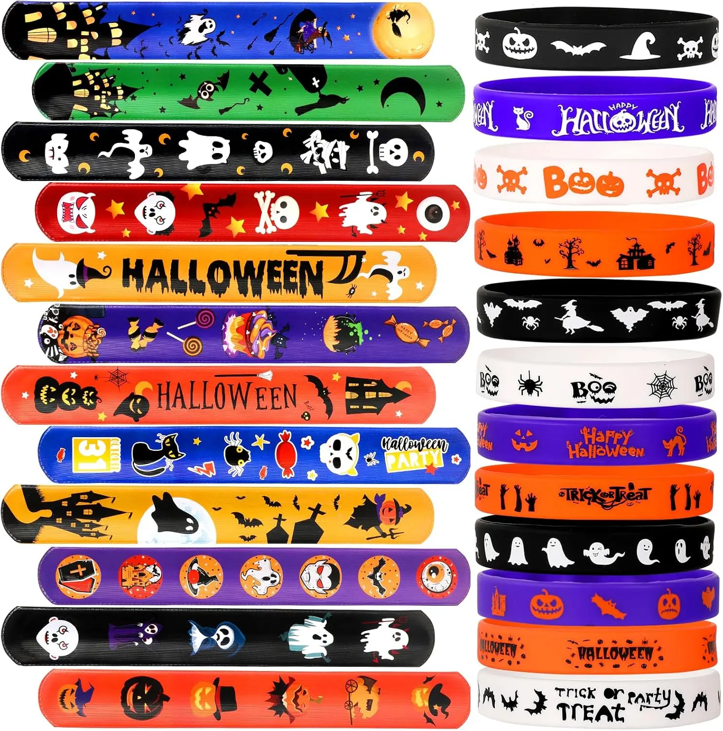 48Pcs Halloween Rubber Slap Bracelets - Costume Jewelry Accessories for Kids Halloween Party Favors, Holiday Gifts